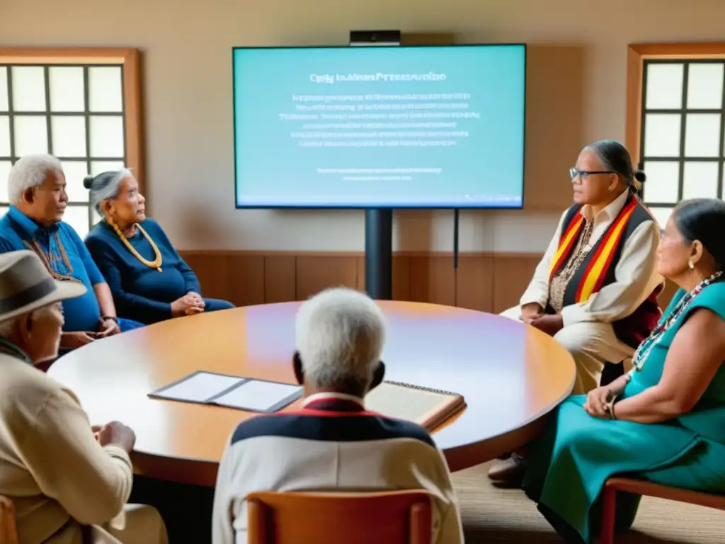 Un círculo de ancianos indígenas preserva idiomas con herramientas digitales, evocando herencia cultural