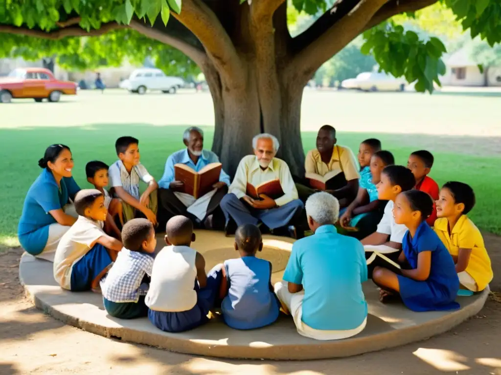 Un círculo de ancianos y niños conversando bajo un árbol centenario