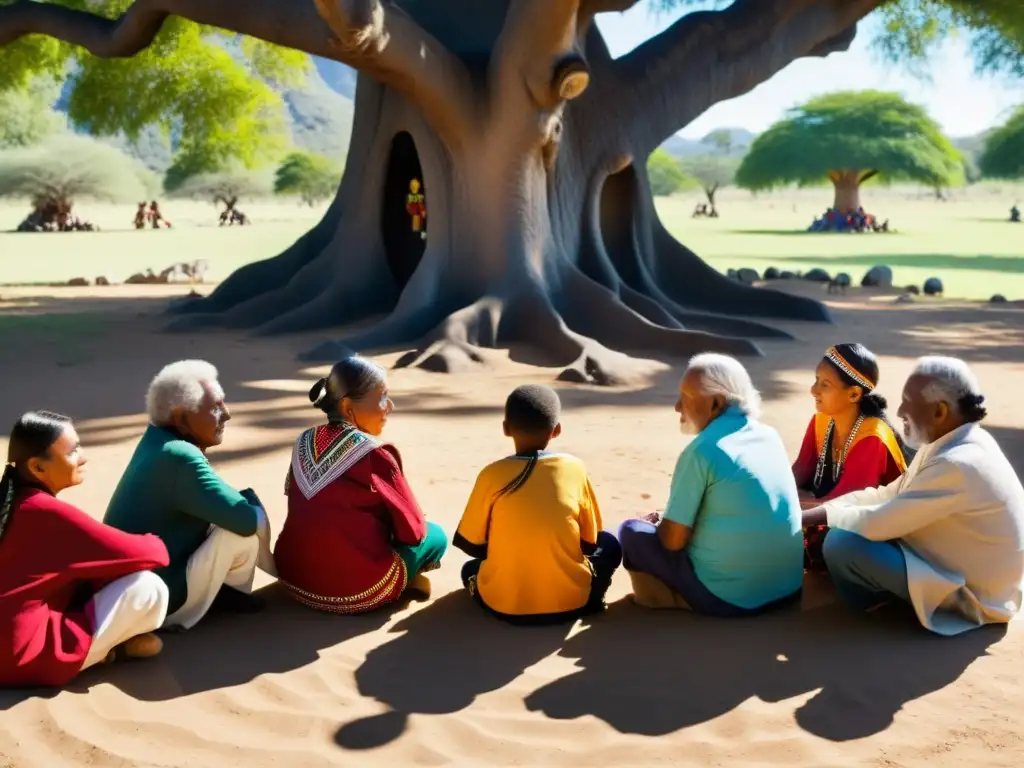 Un círculo de ancianos indígenas comparte tradiciones bajo un árbol ancestral, transmitiendo sabiduría a niños