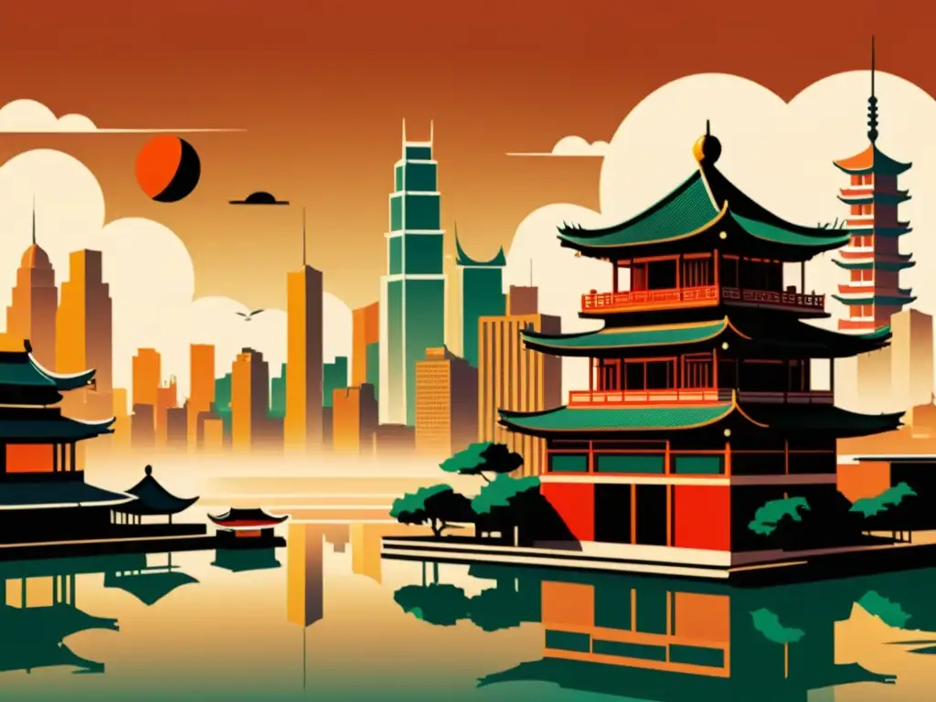 Futuro Hanzi: Tradición y modernidad en una ciudad evolutiva Una ilustración vintage de una ciudad futurista con arquitectura china tradicional integrada con rascacielos modernos