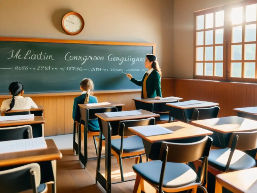 Aula clásica: enseñanza de latín con encanto vintage Una clase de lenguas antiguas con maestro y estudiantes, evocando la nostalgia de la educación tradicional