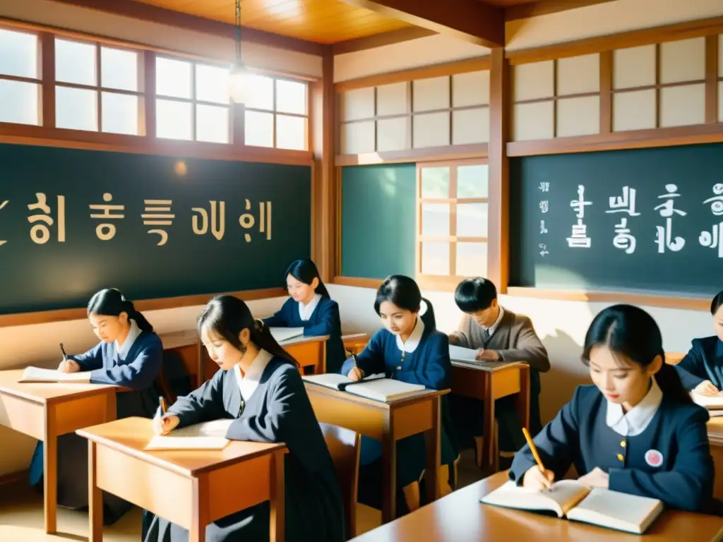 Clase vintage llena de estudiantes entusiastas aprendiendo Hangeul coreano, resplandor cálido en el aula y currículos educativos