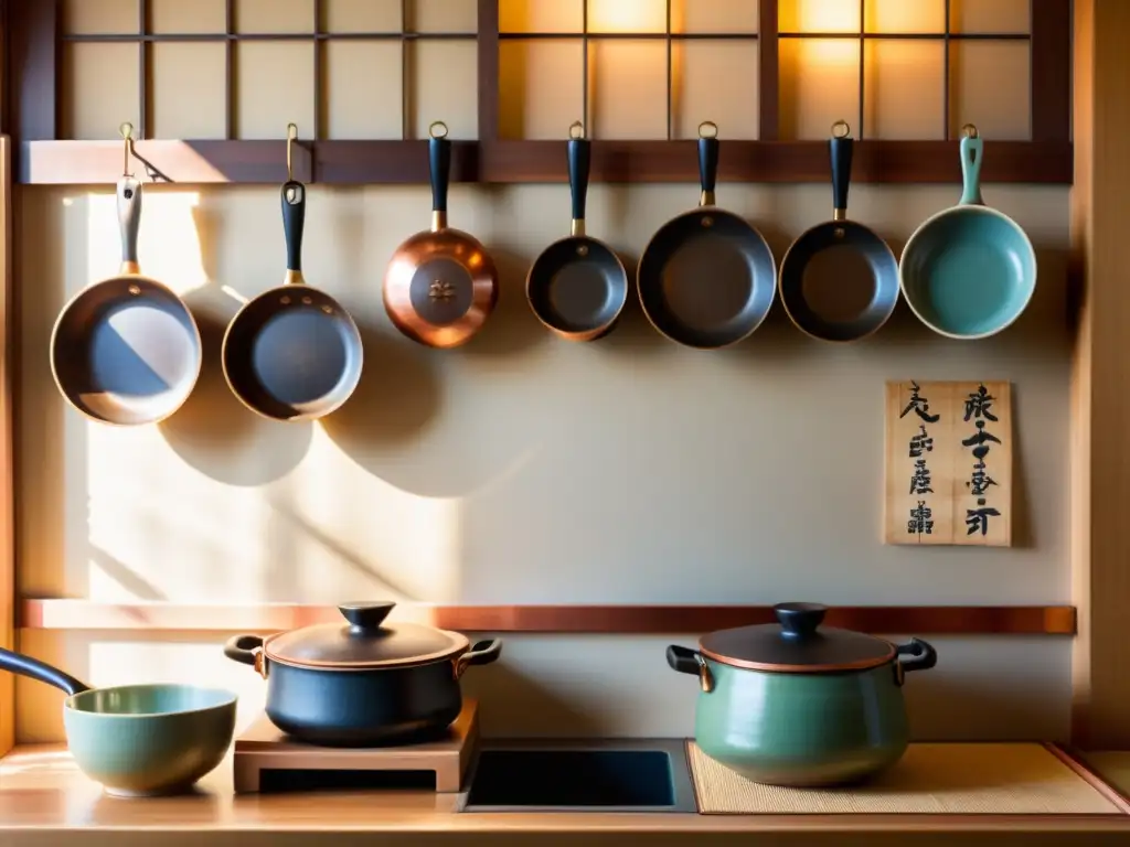 Una cocina japonesa tradicional con kanji en platos y pergaminos, evocando la historia y la cultura culinaria japonesa