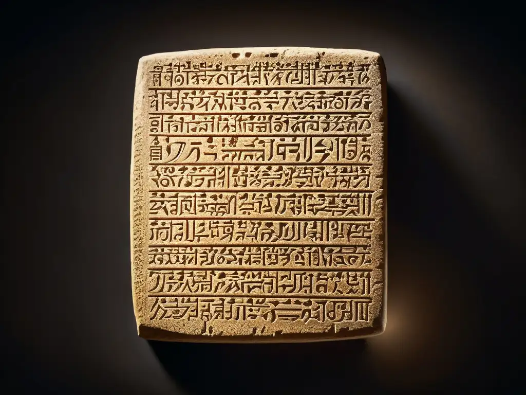 Cuneiforme del Código de Hammurabi, destacando caracteres antiguos en arcilla, iluminados con calidez sobre fondo oscuro