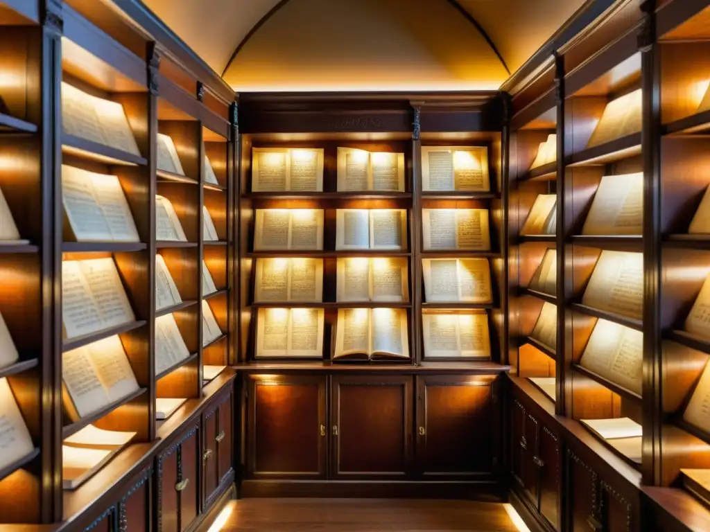 Una colección de manuscritos históricos en una biblioteca ornada y tenue, invita a apreciar la cultura de la escritura
