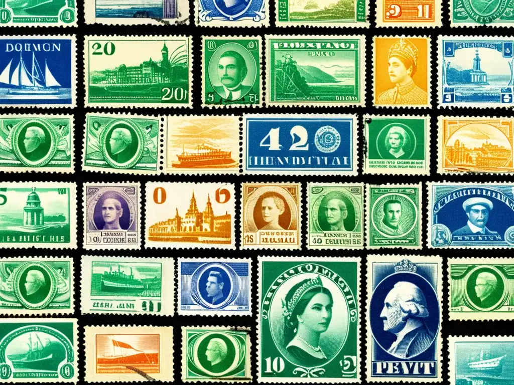 Una colección de sellos postales vintage del siglo XX muestra diseños intrincados, colores vibrantes y varias denominaciones