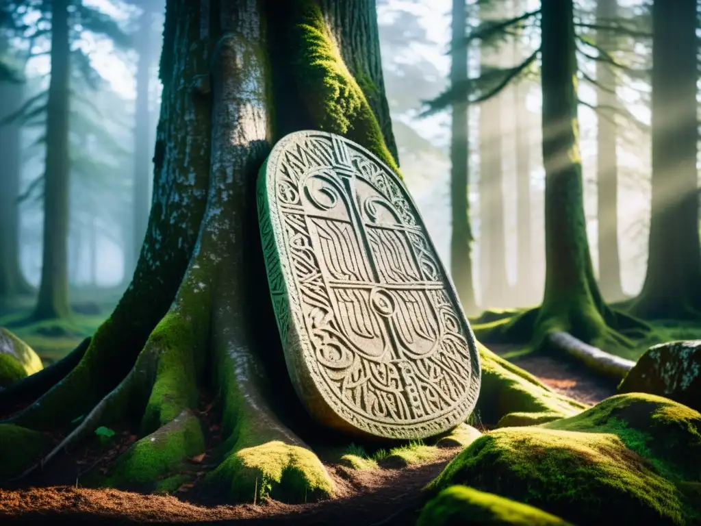 Comparativa símbolos antiguos culturas: runa vikinga y Ogham celta en un bosque místico con piedra ancestral y árboles milenarios cubiertos de musgo