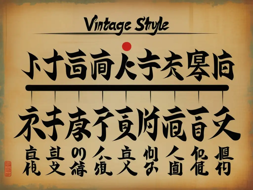 Comparativa de sistemas de escritura asiática con caligrafía tradicional y herramientas de escritura ilustradas en un estilo vintage