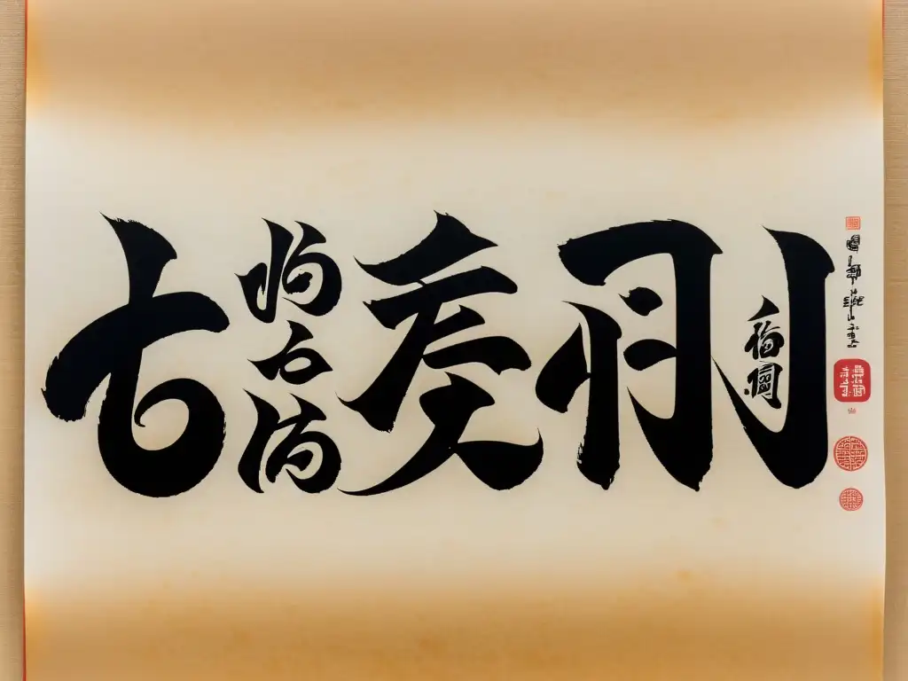 Comparativa sistemas de escritura asiáticos: Detalle de elegantes caracteres coreanos y japoneses en caligrafía tradicional sobre pergamino