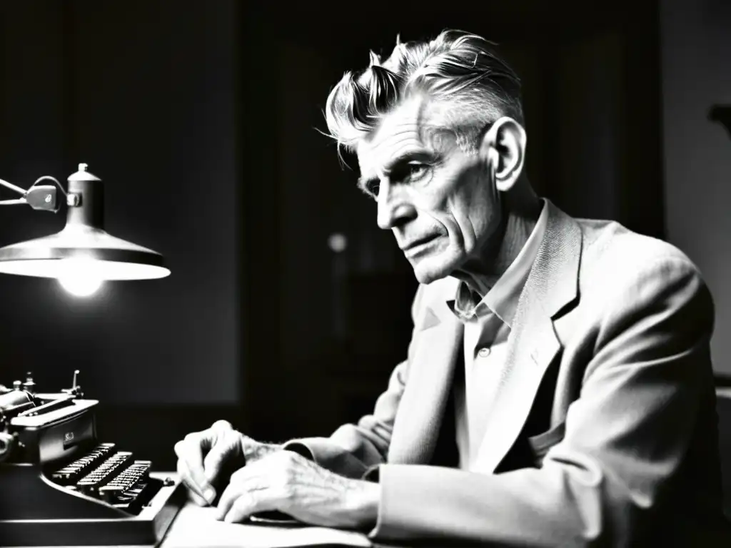 Samuel Beckett concentrado en su máquina de escribir en una habitación tenue, reflejando el simbolismo del teatro moderno