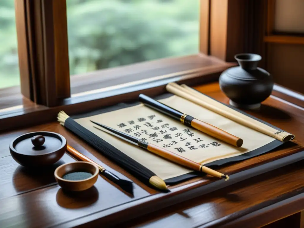 Conjunto de caligrafía china vintage en mesa de madera tallada, iluminado por luz natural