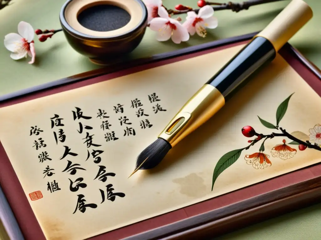 Conjunto de escritura china vintage en jardín oriental, evocando refinamiento artístico y cultura asiática