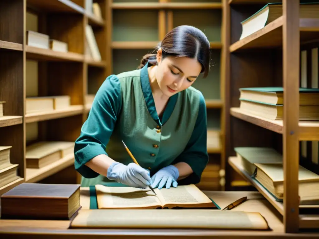 Un conservador restaura con cuidado un antiguo manuscrito rodeado de libros antiguos, evocando historia y preservación