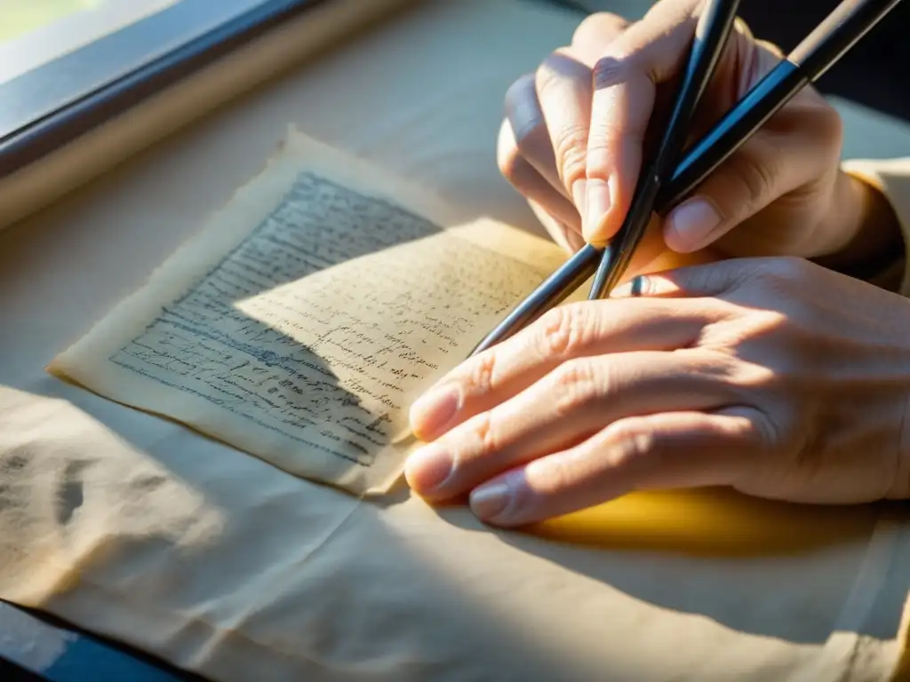 Un conservador restaura con cuidado un manuscrito antiguo, aplicando tinta con precisión bajo la suave luz natural