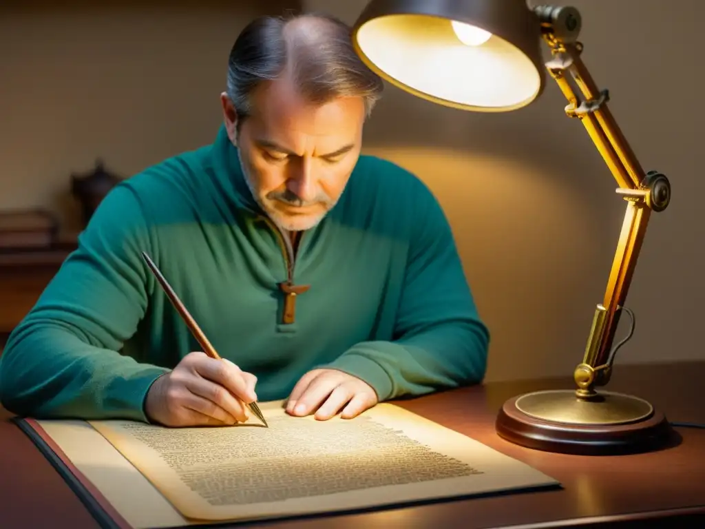 Un conservador restaura con cuidado un manuscrito centenario, iluminado por una lámpara vintage, en una escena nostálgica