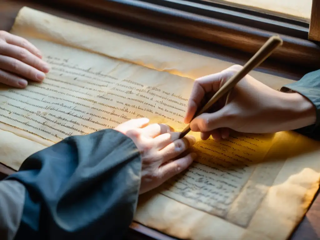 Conservador limpia con cuidado un antiguo manuscrito, mostrando reverencia por la conservación moderna de manuscritos milenarios