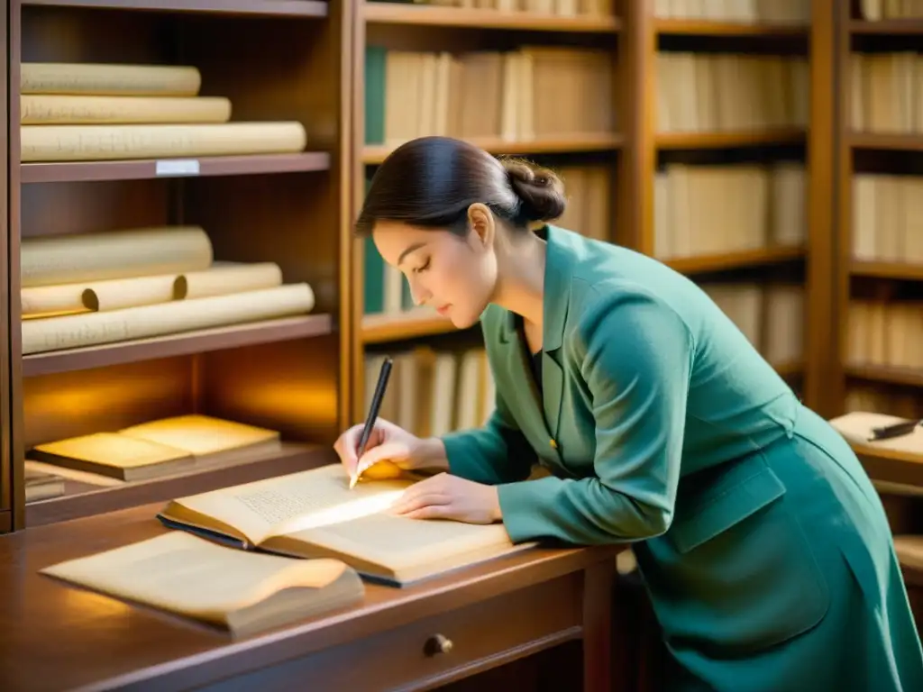 Conservador restaurando manuscrito moderno con delicadeza y técnica, rodeado de luz suave y estanterías de libros antiguos