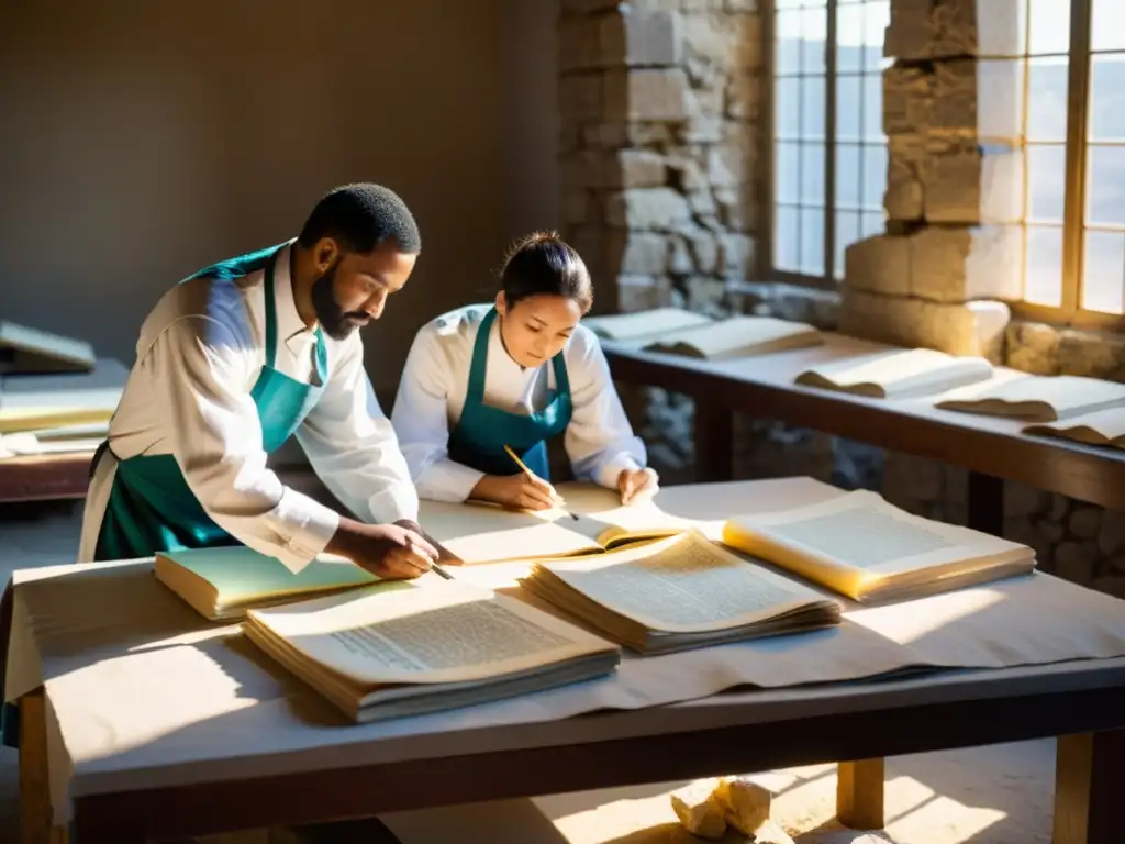 Conservadores restaurando manuscritos antiguos en una ciudad en conflicto