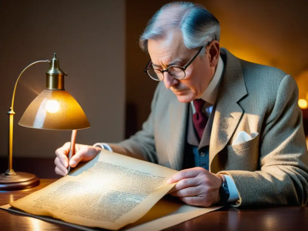 Un consultor en protección de textos históricos examina con cuidado un documento antiguo bajo cálida luz, evocando reverencia y expertise