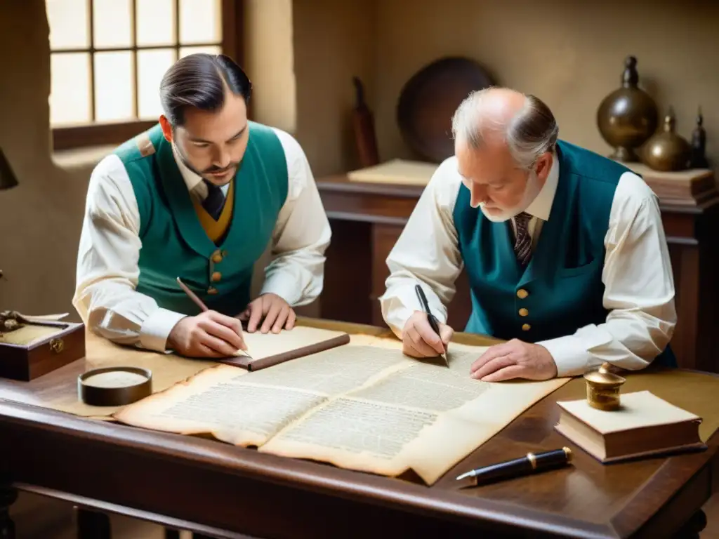 Consultores en protección de textos históricos restaurando con cuidado un manuscrito antiguo, con herramientas delicadas y vestimenta de época