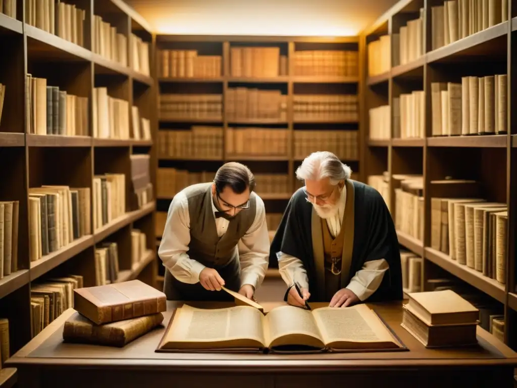 Consultores en protección de textos históricos examinando manuscritos antiguos en una biblioteca atmosférica