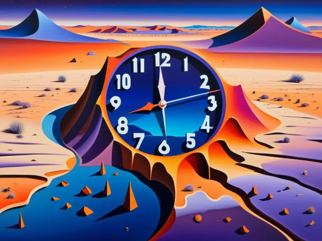 Cuadro surrealista con reloj fragmentado derritiéndose en un desierto estéril, figuras distorsionadas y símbolos oníricos