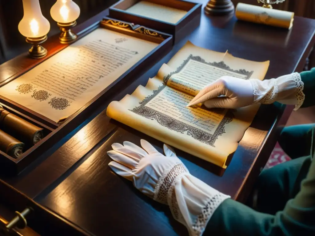 Un curador dispone con delicadeza antiguos pergaminos y manuscritos en una mesa de madera, iluminados por una cálida luz