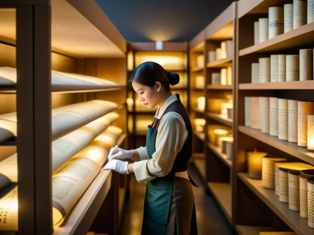 Un curador con guantes blancos desenrolla un pergamino antiguo con jeroglíficos en un archivo de museo tenue