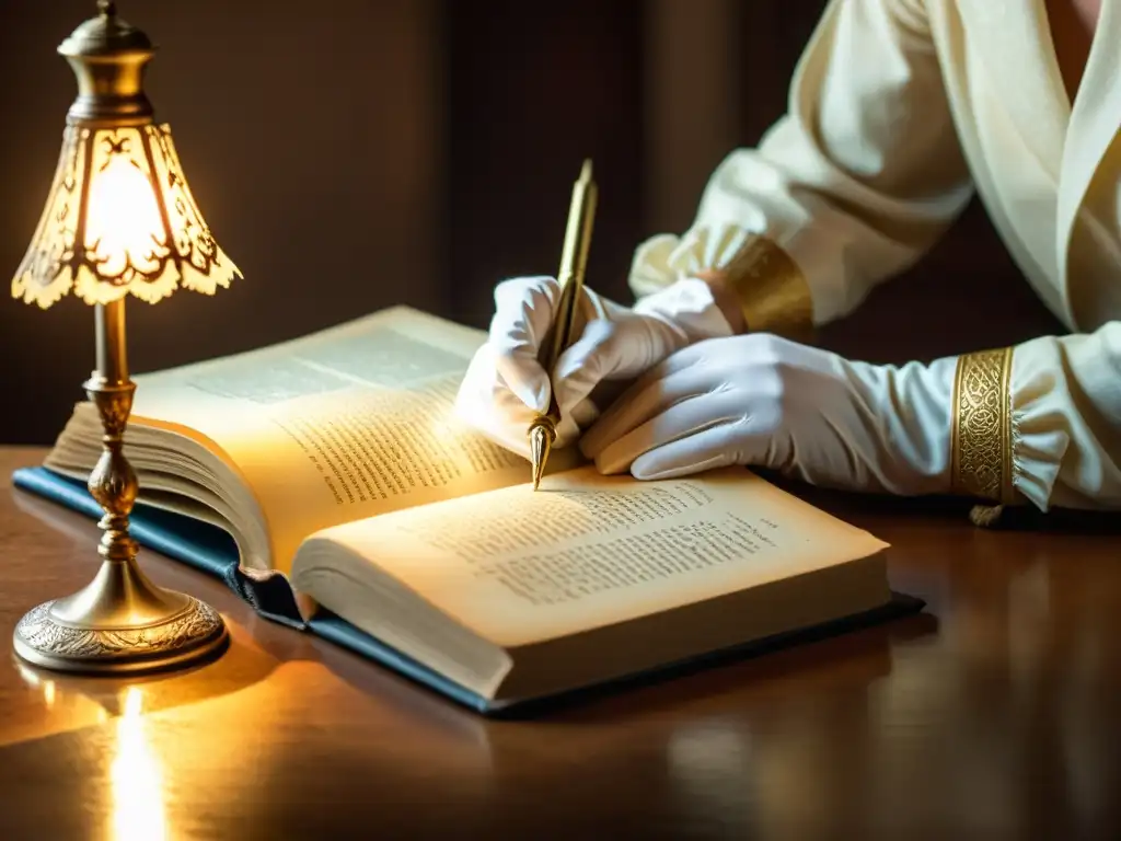 Derechos de autor en digitalización: Persona con guantes blancos hojeando un antiguo y hermoso libro iluminado por una lámpara de escritorio