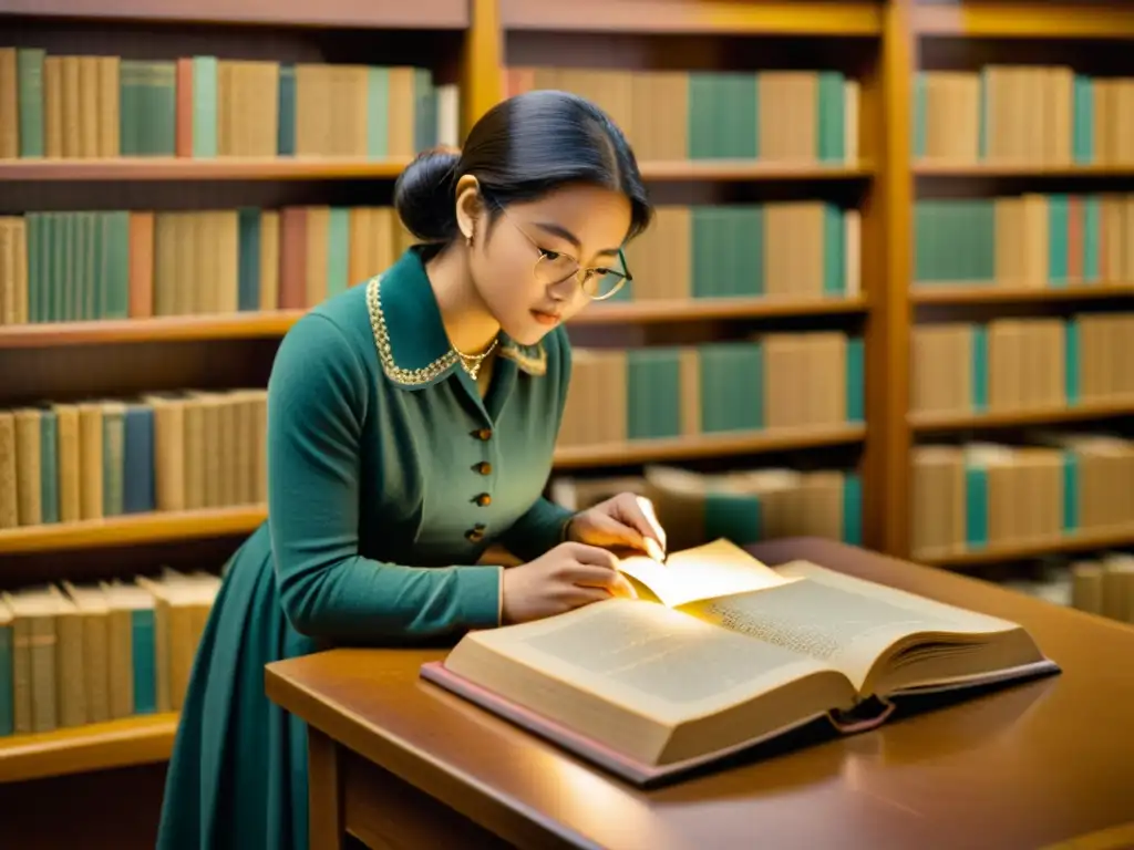 Derechos de autor en digitalización: Persona escaneando con reverencia un libro antiguo en una biblioteca, iluminado por una lámpara de escritorio