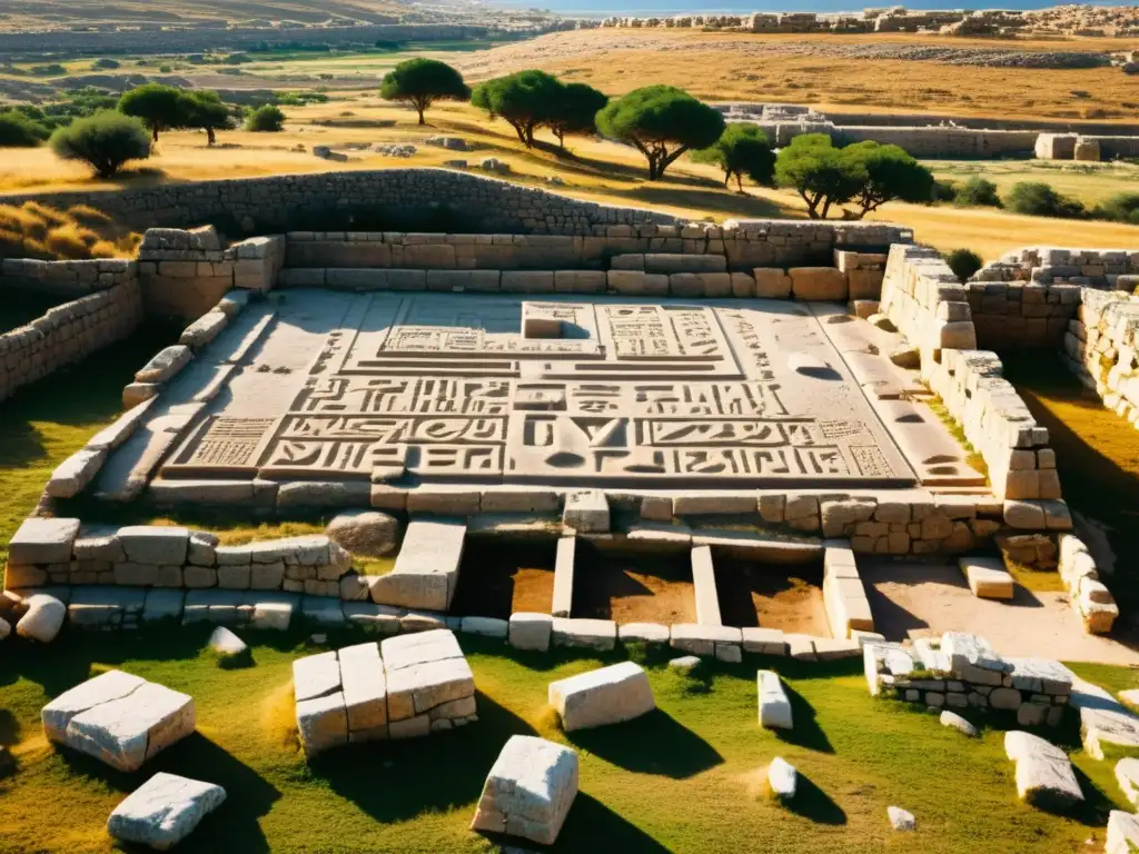 Descubrimiento del alfabeto ugarítico en la antigua ciudad de Ugarit, con ruinas y detalles arqueológicos destacados por la luz solar