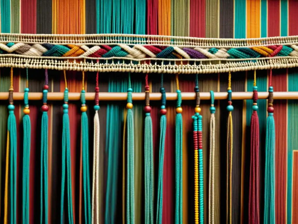 Detallada fotografía vintage de un antiguo quipu inca, mostrando la complejidad de la escritura Quipu