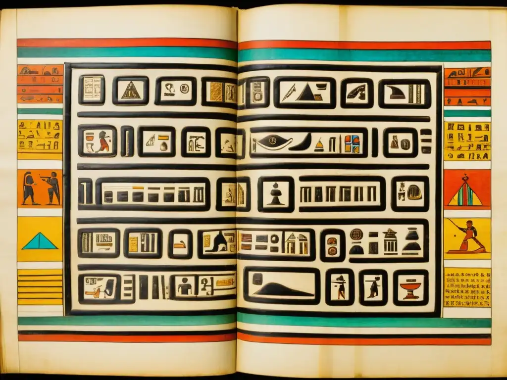 Detallada representación de un códice mesoamericano, con jeroglíficos e ilustraciones vívidas, preservando el antiguo sistema de escritura