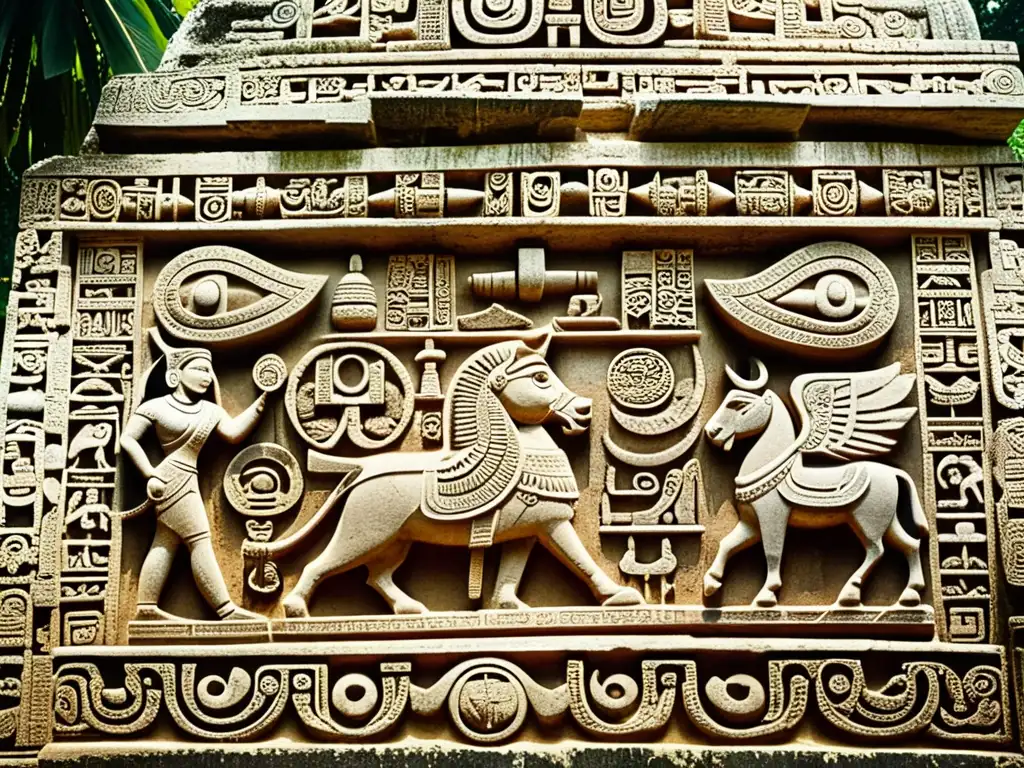 Detallada fotografía de los códigos de Palenque en arqueología, con intrincadas esculturas y jeroglíficos en piedra