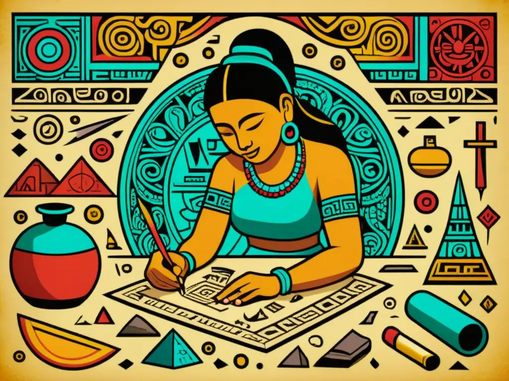 Un ilustración detallada de un escriba maya creando glifos con precisión, rodeado de artefactos y símbolos antiguos