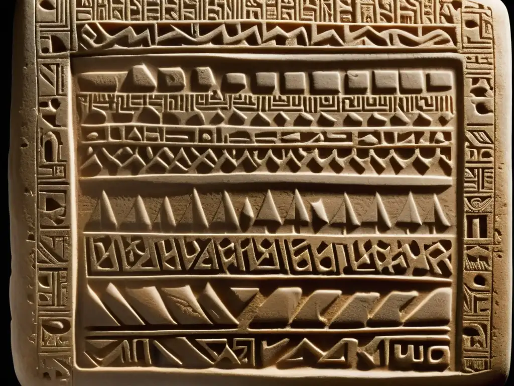 Detallada escritura cuneiforme sumeria en antigua tableta de arcilla iluminada suavemente, mostrando arte y precisión
