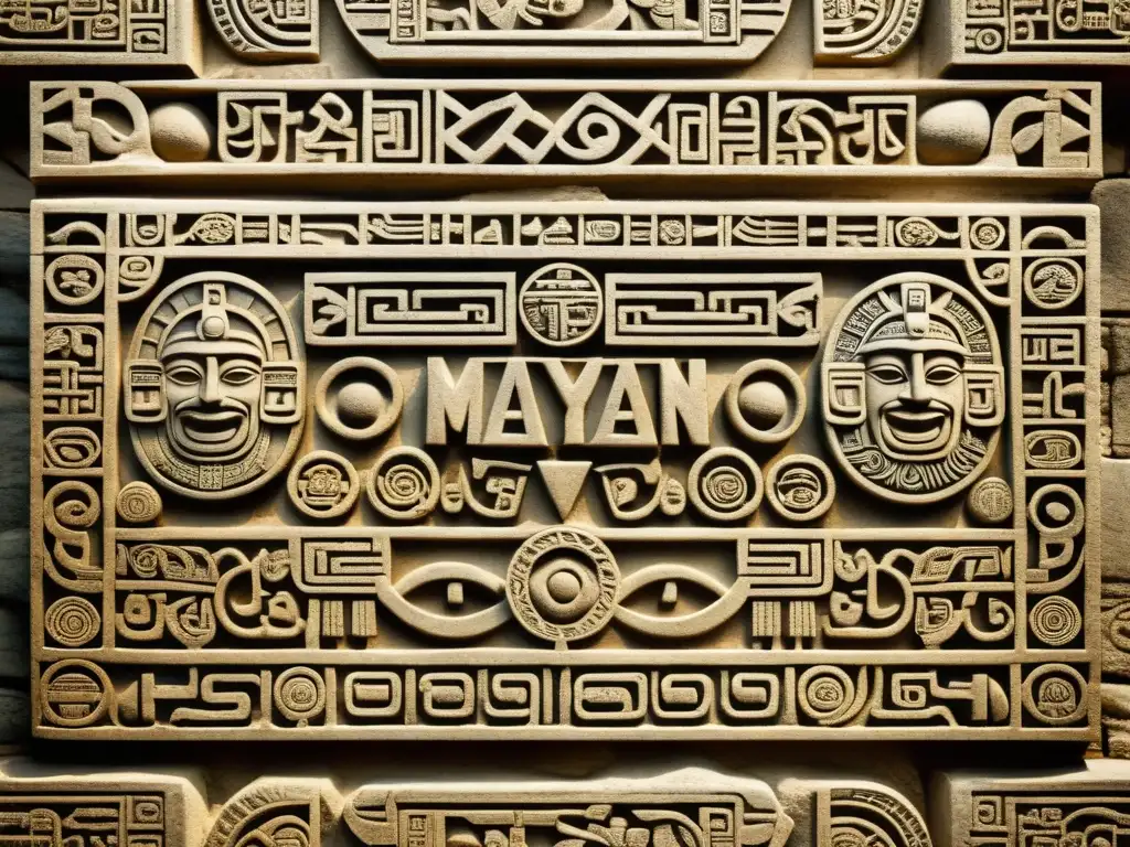 Detallada ilustración vintage de glifos mayas tallados en tablillas de piedra, con diseños elaborados y signos de antigüedad