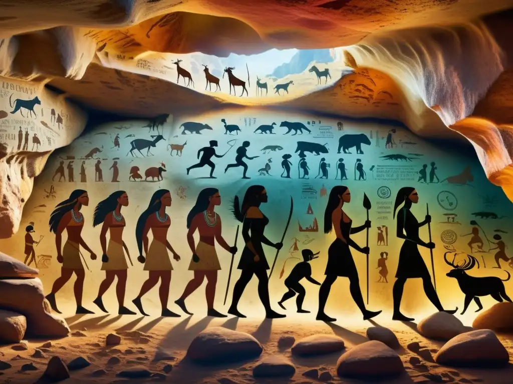 Detallada imagen de antiguas pinturas rupestres que muestran la evolución de la escritura en culturas, con colores vibrantes y diseños intrincados
