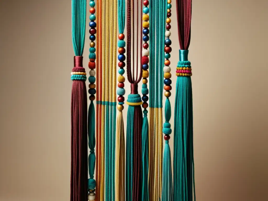 Detallada imagen de un antiguo Quipu andino, destacando su riqueza cultural y el lenguaje de los Incas