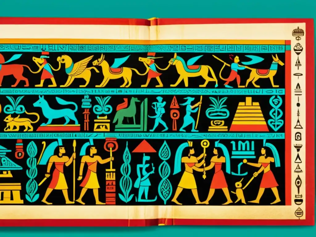 Una detallada imagen de un antiguo códice mesoamericano, con jeroglíficos intrincados y colores vibrantes que muestran la rica importancia cultural e histórica de los sistemas de escritura mesoamericanos