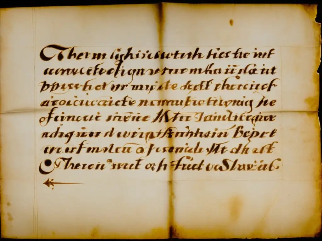 Detallada imagen de un antiguo manuscrito en pergamino, iluminado por una cálida luz natural, con desgaste y escritura a mano