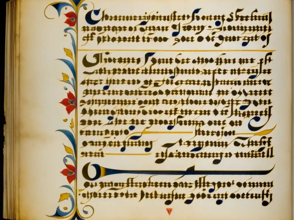 Detallada imagen de un antiguo manuscrito en escritura gótica fraktur, con intrincados detalles y variaciones en tinta y textura