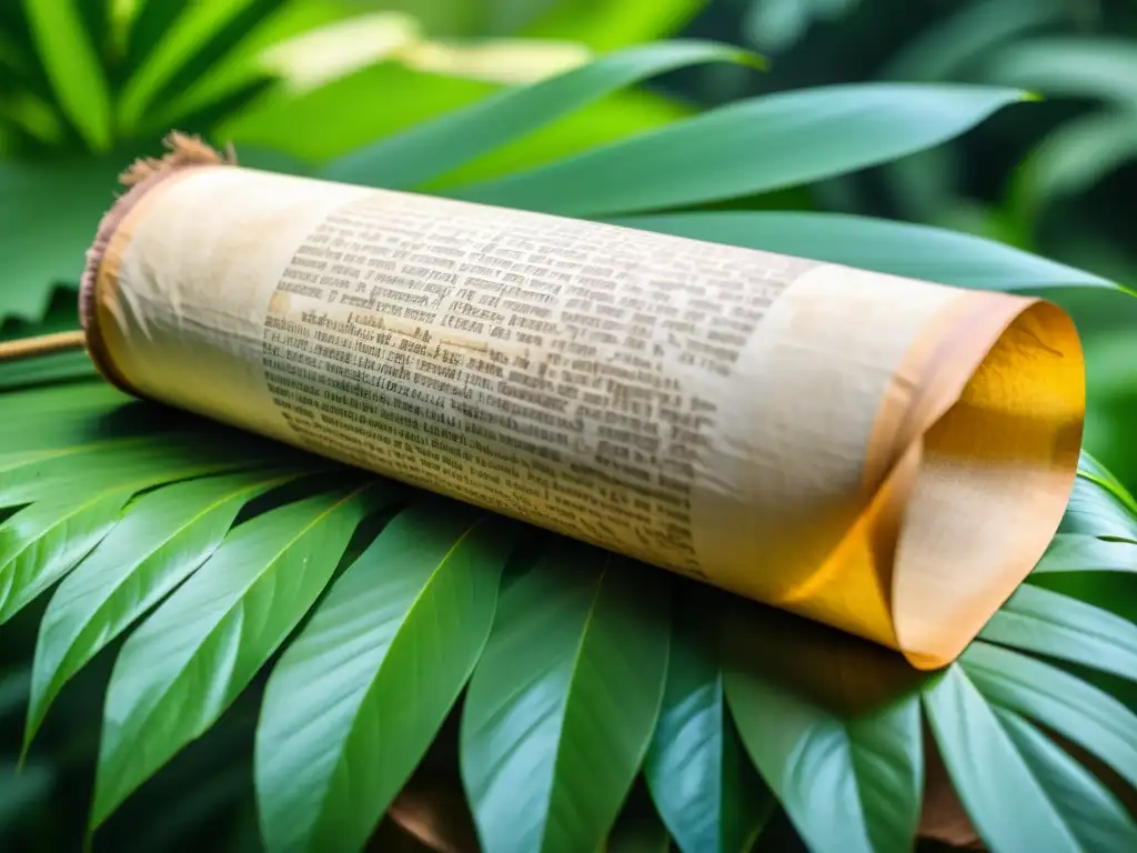 Detallada imagen de un antiguo papiro desplegado, mostrando escritura intrincada en medio de exuberante vegetación tropical