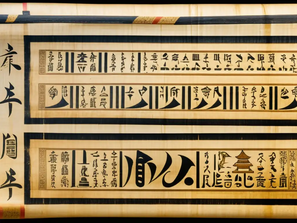 Detallada imagen de un antiguo pergamino de papiro con hieroglíficos e ilustraciones en tinta desgastada, evocando materiales de escritura antiguos