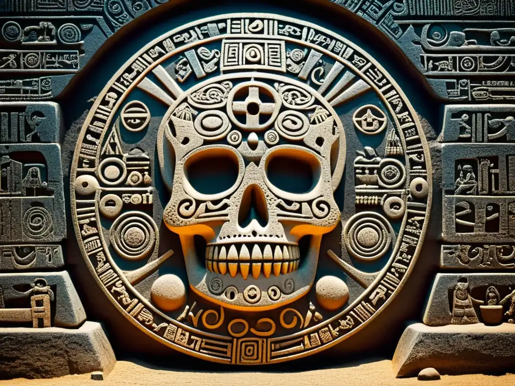 Disco de la Muerte: Detalles en 8k de Monte Albán Detallada imagen 8K del Disco de la Muerte de Monte Albán, mostrando enigmáticas representaciones zapotecas
