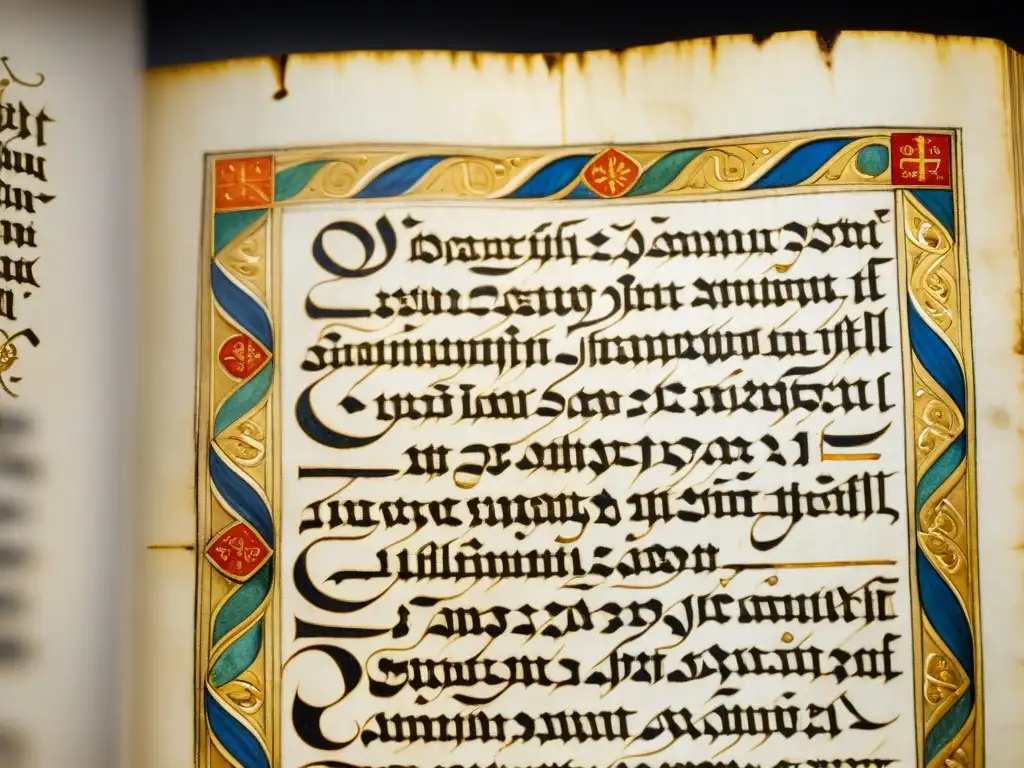 Detallada imagen 8k de un manuscrito Glagolítico medieval europeo con caligrafía en tinta negra y detalles en oro, sobre pergamino envejecido