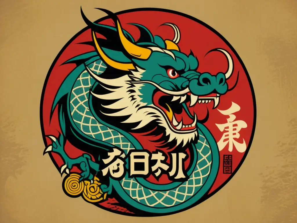 Una ilustración vintage detallada de un dragón japonés envolviendo un kanji complejo, resaltado con toques dorados