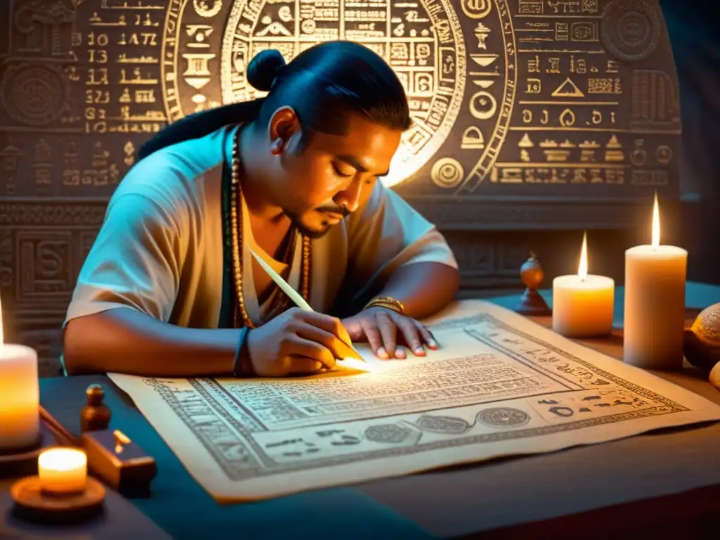 Ilustración detallada de un matemático maya inscribiendo cálculos en pergamino, rodeado de artefactos antiguos