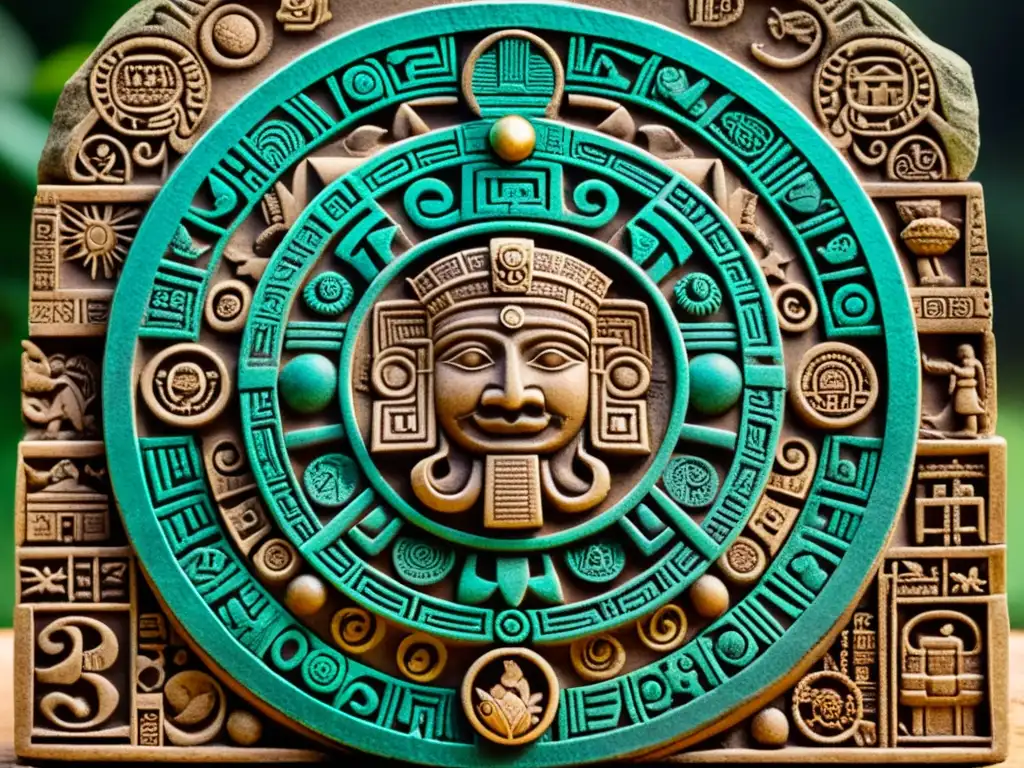 Detallada representación de la piedra del calendario maya, con símbolos celestiales y astrológicos, destacando la astrología en el México Precolombino