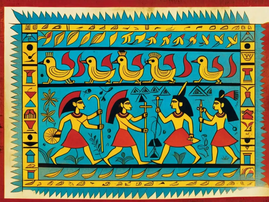 Detallada pintura de un antiguo códice mesoamericano en papel amate, revelando la rica tradición de materiales de escritura antiguos